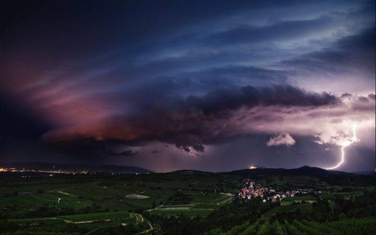 landscape, Nature, Lightning, Storm, Supercell, Hill, Field, Villages, Lights, Night, Clouds HD Wallpaper Desktop Background