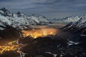nature, Landscape, Valley, Switzerland, Mountain, Mist, Forest, Lights, Snowy Peak, Cityscape