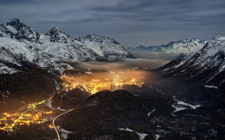 nature, Landscape, Valley, Switzerland, Mountain, Mist, Forest, Lights, Snowy Peak, Cityscape HD Wallpaper Desktop Background