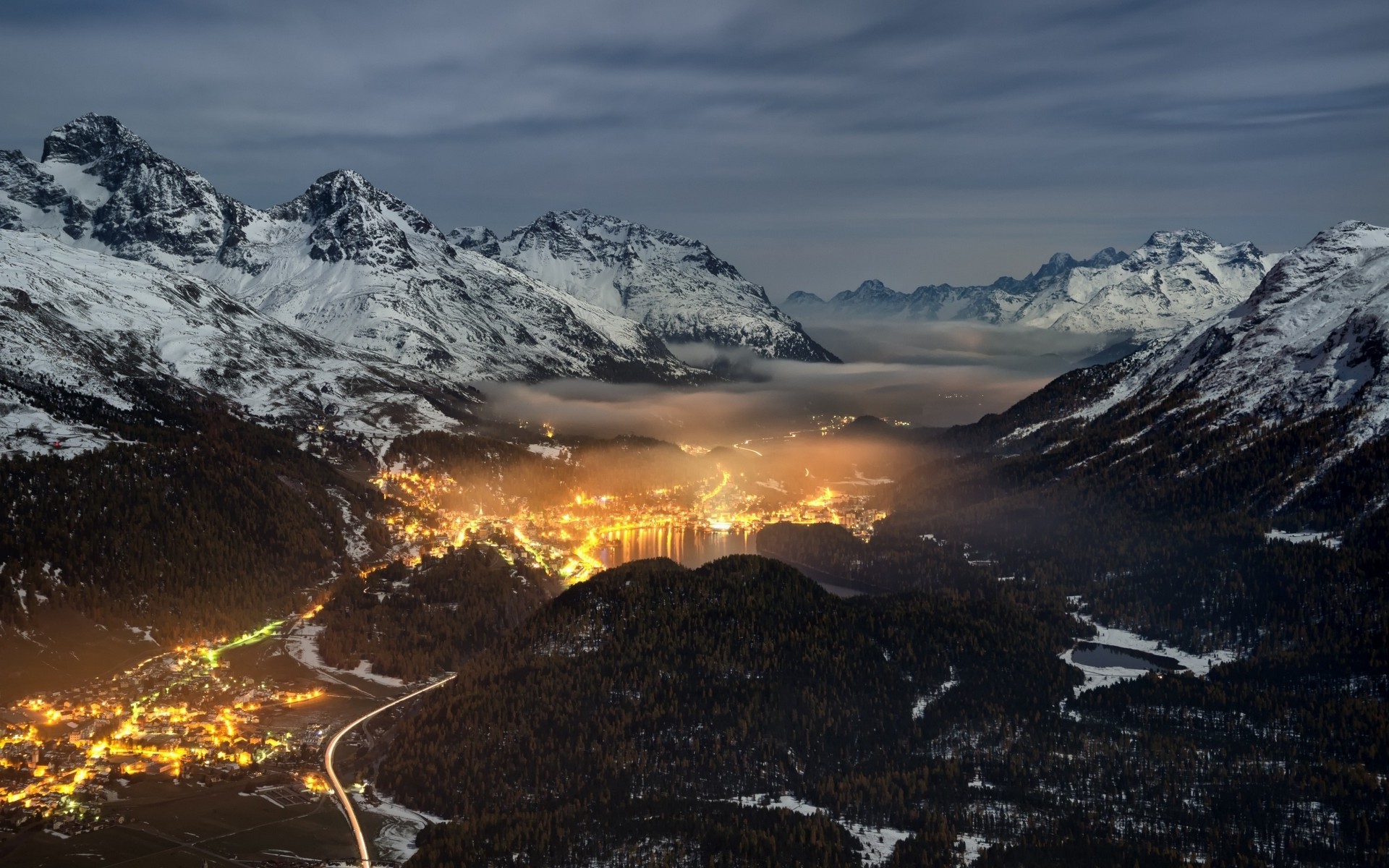 nature, Landscape, Valley, Switzerland, Mountain, Mist, Forest, Lights, Snowy Peak, Cityscape Wallpaper