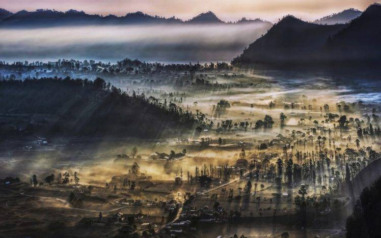 nature, Landscape, Morning, Sunrise, Valley, Mountain, Villages, Mist, Indonesia HD Wallpaper Desktop Background