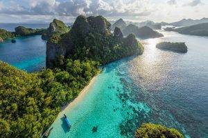 nature, Landscape, Beach, Clouds, Island, Sea, Rock, Limestone, Tropical, Indonesia, Forest, Water, Aerial View