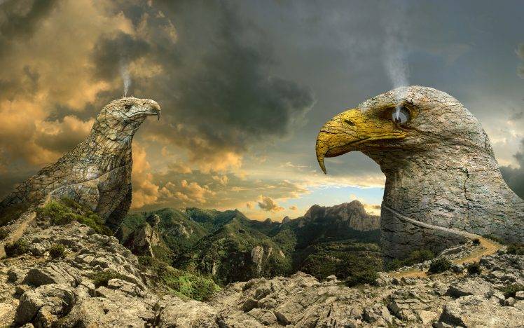 digital Art, Fantasy Art, Animals, Eagle, Eyes, Landscape, Nature, Rock, Mountain, Clouds, Smoke, Road, Path, Stairs HD Wallpaper Desktop Background