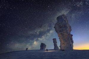 nature, Landscape, Long Exposure, Starry Night, Snow, Milky Way, Rock, Tower, Frost