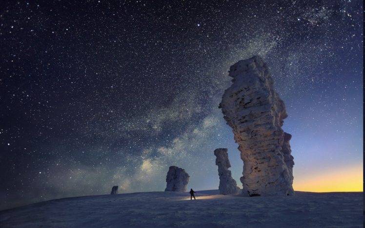 nature, Landscape, Long Exposure, Starry Night, Snow, Milky Way, Rock, Tower, Frost HD Wallpaper Desktop Background