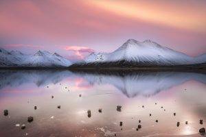 nature, Landscape, Calm, Lake, Mountain, Clouds, Snowy Peak, Pink, White, Cold, Water, Winter