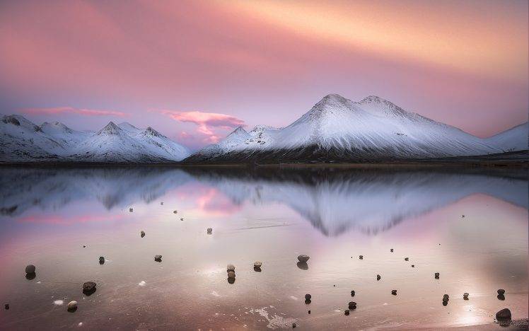 nature, Landscape, Calm, Lake, Mountain, Clouds, Snowy Peak, Pink, White, Cold, Water, Winter HD Wallpaper Desktop Background