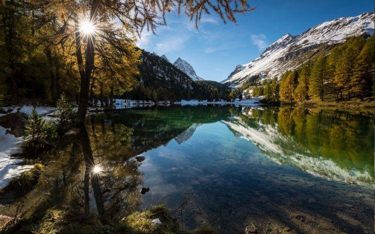 nature, Landscape, Lake, Alps, Mountain, Forest, Reflection, Snowy Peak, Fall, Water, Sunrise HD Wallpaper Desktop Background