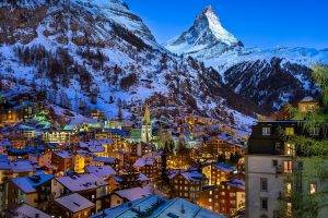 nature, Landscape, Evening, Lights, House, Town, Church, Switzerland, Matterhorn, Snow, Winter, Mountain, Trees, Valley, Rock, Rooftops, Zermatt
