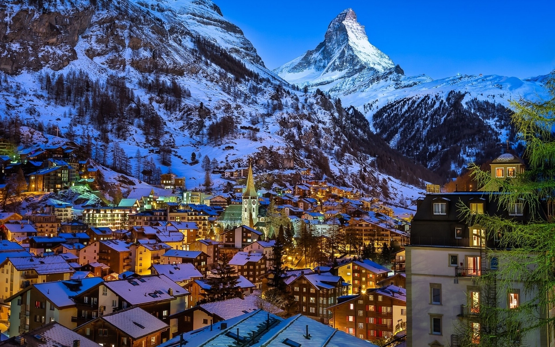 nature, Landscape, Evening, Lights, House, Town, Church, Switzerland, Matterhorn, Snow, Winter, Mountain, Trees, Valley, Rock, Rooftops, Zermatt Wallpaper