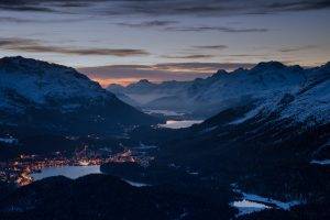 mist, Nature, Landscape, Evening, Valley, Lake, Mountain, Sunset, Alps, Cityscape, Snowy Peak, Forest, Switzerland, Lights, Winter