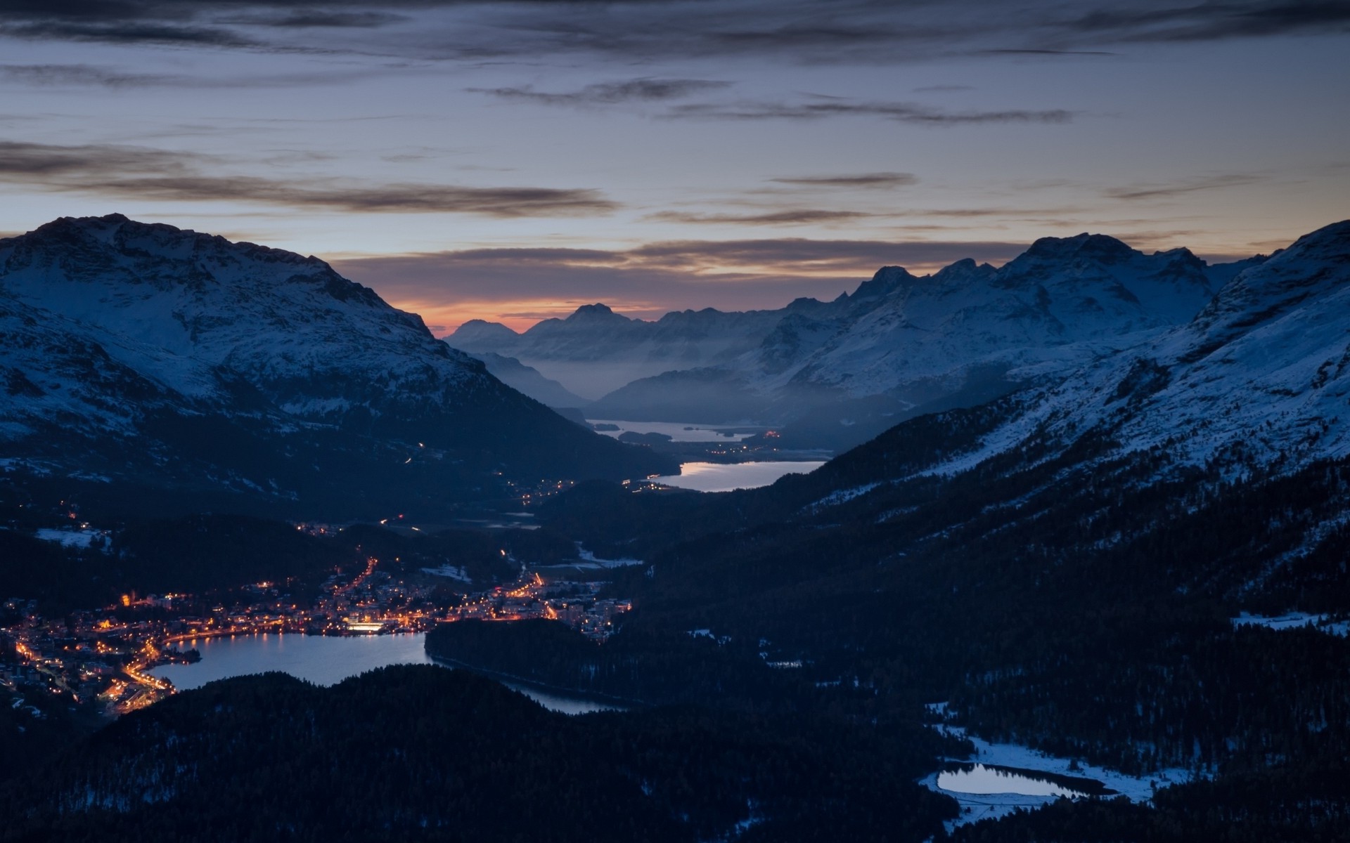 mist, Nature, Landscape, Evening, Valley, Lake, Mountain, Sunset, Alps, Cityscape, Snowy Peak, Forest, Switzerland, Lights, Winter Wallpaper