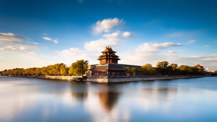 temple, Beijing, River, Landscape, Sky, Shadow, Reflection, Long Exposure, Calm, Water, Architecture, Asian Architecture HD Wallpaper Desktop Background