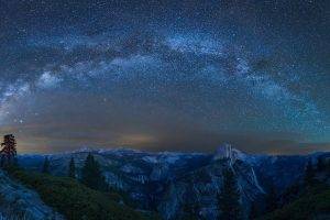 night, Trees, Nature, Landscape, Yosemite National Park, Milky Way, USA, Half Dome, Mountain, Stars, Rock, Forest, Waterfall
