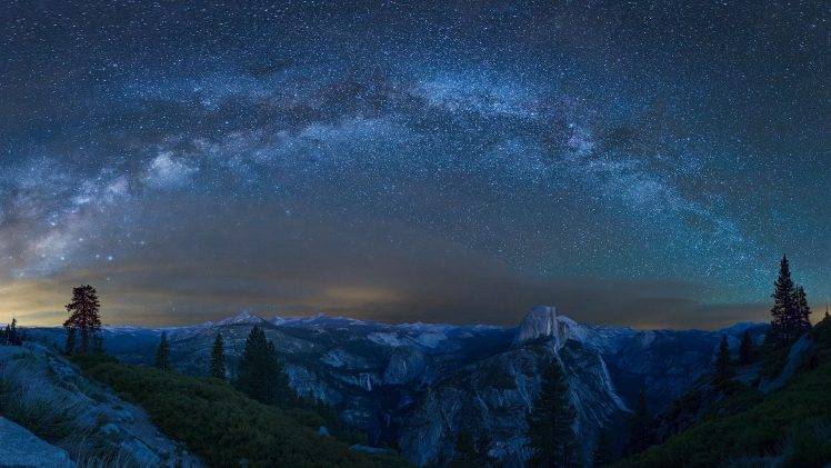 night, Trees, Nature, Landscape, Yosemite National Park, Milky Way, USA, Half Dome, Mountain, Stars, Rock, Forest, Waterfall HD Wallpaper Desktop Background