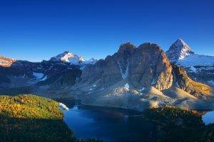 nature, Landscape, Forest, Mountain, Lake, Sunset, Snowy Peak, Fall, Blue