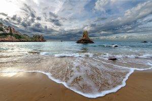 nature, Landscape, Beach, Sea, Morning, Rock, Sand, Cliff, Water, Clouds, Channel Islands