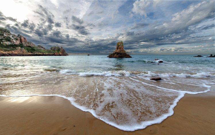 nature, Landscape, Beach, Sea, Morning, Rock, Sand, Cliff, Water, Clouds, Channel Islands HD Wallpaper Desktop Background
