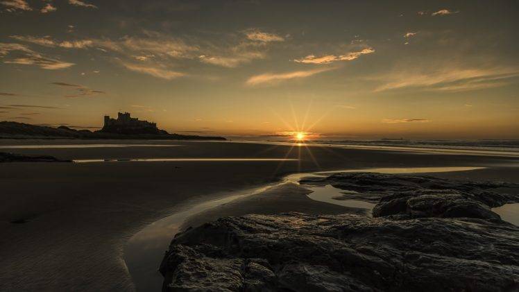 nature, Landscape, Sea, Sunset, Clouds, Horizon, England, UK, Castle, Sand, Beach, Rock, Coast HD Wallpaper Desktop Background
