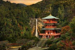 nature, Landscape, Trees, Forest, Clouds, Water, Japan, Building, Japanese Garden, Stairs, Fall, Rock, Mountain, Hill, Sunset, Waterfall