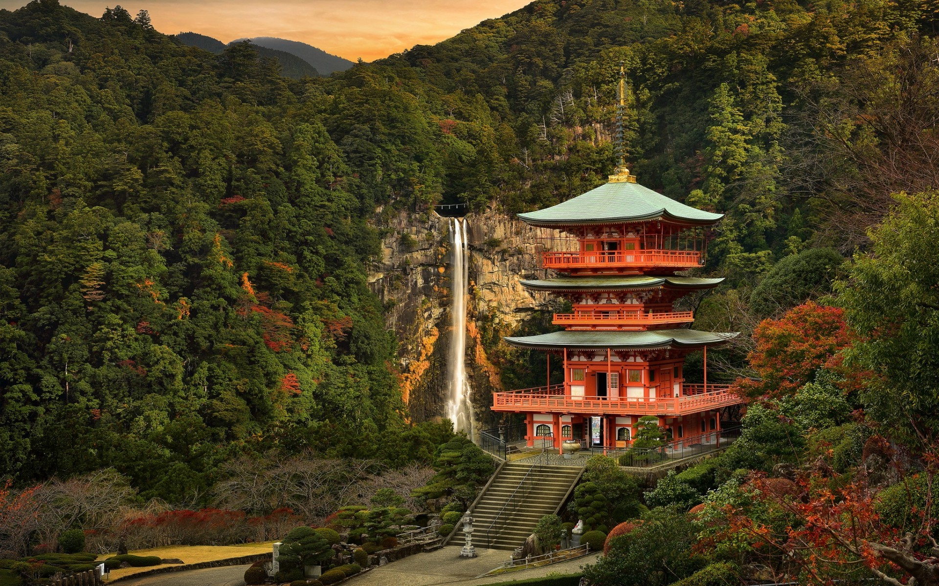 nature, Landscape, Trees, Forest, Clouds, Water, Japan, Building, Japanese Garden, Stairs, Fall, Rock, Mountain, Hill, Sunset, Waterfall Wallpaper