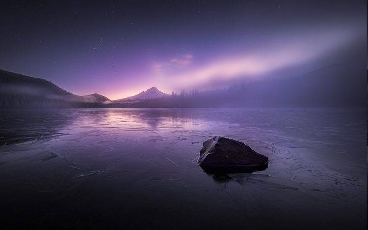 nature, Landscape, Mist, Sunset, Lake, Mountain, Starry Night, Forest, Frost, Winter HD Wallpaper Desktop Background