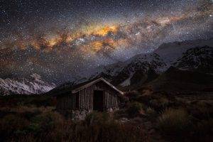 nature, Landscape, Starry Night, Hut, Milky Way, Snowy Peak, Grass, Mountain, Space, New Zealand