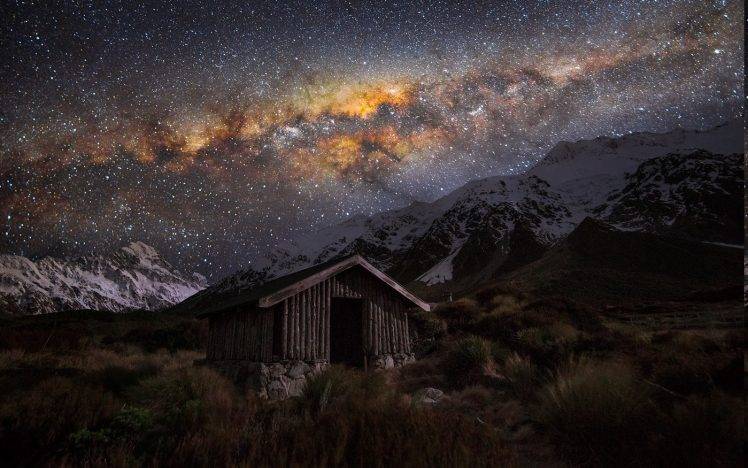 nature, Landscape, Starry Night, Hut, Milky Way, Snowy Peak, Grass, Mountain, Space, New Zealand HD Wallpaper Desktop Background