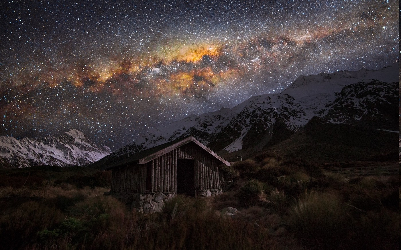 nature, Landscape, Starry Night, Hut, Milky Way, Snowy Peak, Grass, Mountain, Space, New Zealand Wallpaper