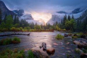 nature, Landscape, Mountain, Trees, Forest, Water, Clouds, Reflection, California, USA, Yosemite National Park, Grass, Stones, Mist, Sunlight, Stream, Dead Trees, Rock