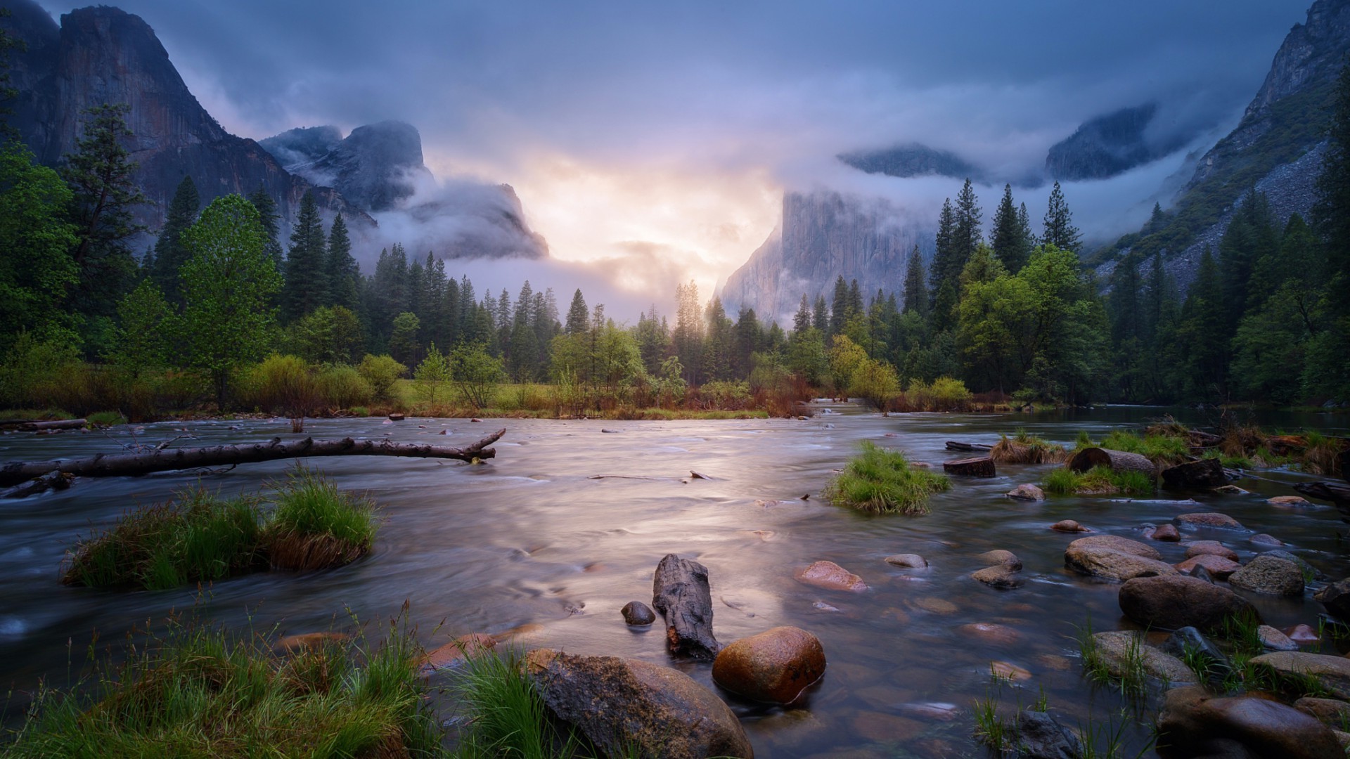 nature, Landscape, Mountain, Trees, Forest, Water, Clouds, Reflection, California, USA, Yosemite National Park, Grass, Stones, Mist, Sunlight, Stream, Dead Trees, Rock Wallpaper