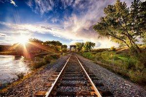 nature, Landscape, Sunset, Tracks, Train, Sun Rays, Trees, Clouds, River, HDR