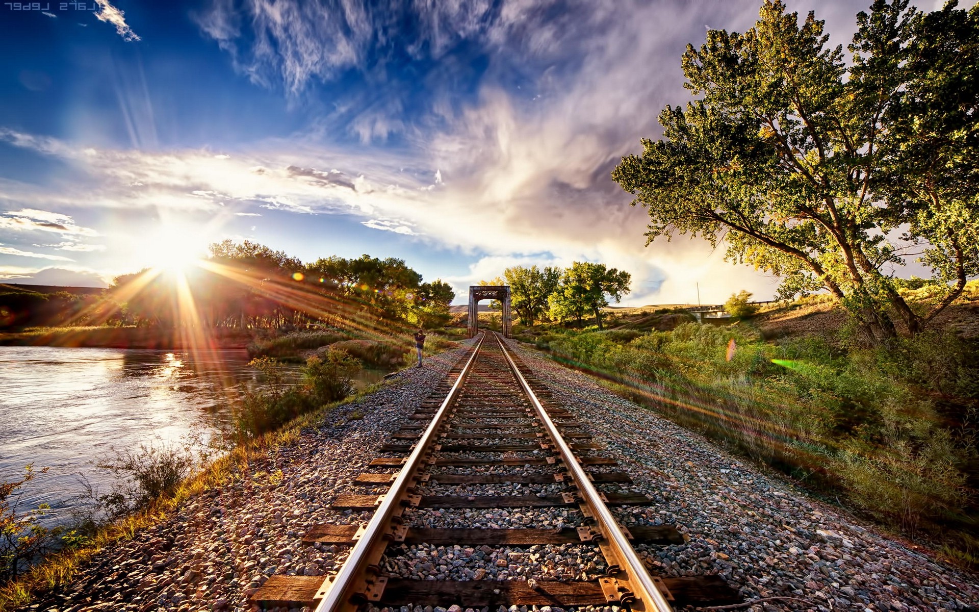 nature, Landscape, Sunset, Tracks, Train, Sun Rays, Trees, Clouds, River, HDR Wallpaper