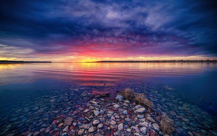 nature, Landscape, Lake, Sunrise, Clouds, Water, Blue, Yellow, Pink HD Wallpaper Desktop Background