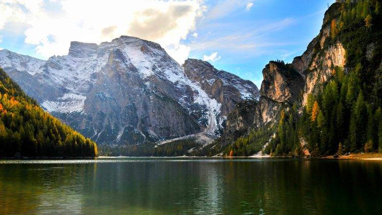 nature, Landscape, Mountain, Lake, Forest, Water, Fall, Snowy Peak, Morning, Clouds HD Wallpaper Desktop Background