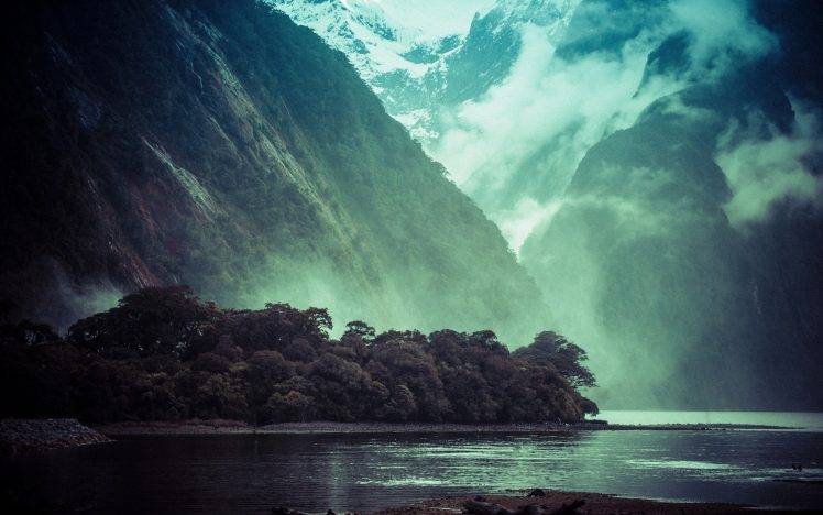 nature, Landscape, Mist, Mountain, Forest, Clouds, Snowy Peak, Lake, Morning HD Wallpaper Desktop Background