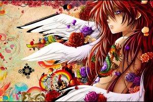 anime, Angel, Snyp, Original Characters, Redhead, Purple Eyes, Digital Art, Rose, Flowers, Tattoo, Wings, Anime Girls, Colorful