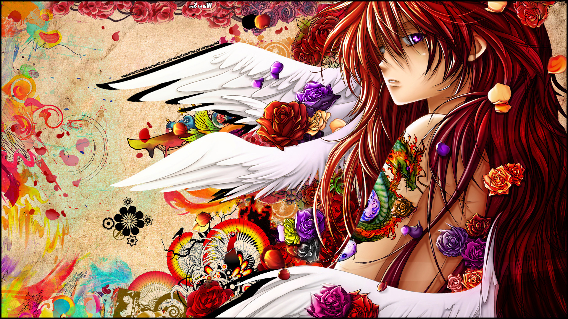 anime, Angel, Snyp, Original Characters, Redhead, Purple Eyes, Digital Art, Rose, Flowers, Tattoo, Wings, Anime Girls, Colorful Wallpaper