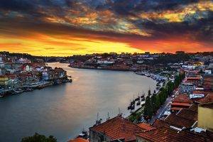Portugal, Porto, House, River, Sunset, Bridge, Landscape, Boat, Overcast