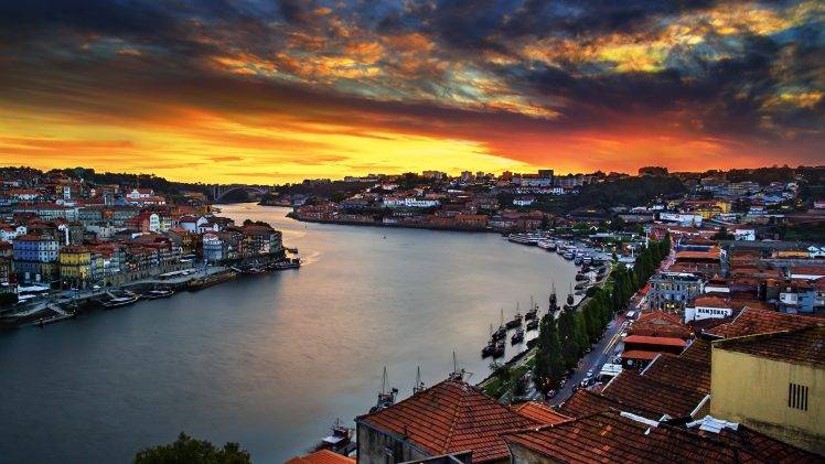 Portugal, Porto, House, River, Sunset, Bridge, Landscape, Boat, Overcast HD Wallpaper Desktop Background