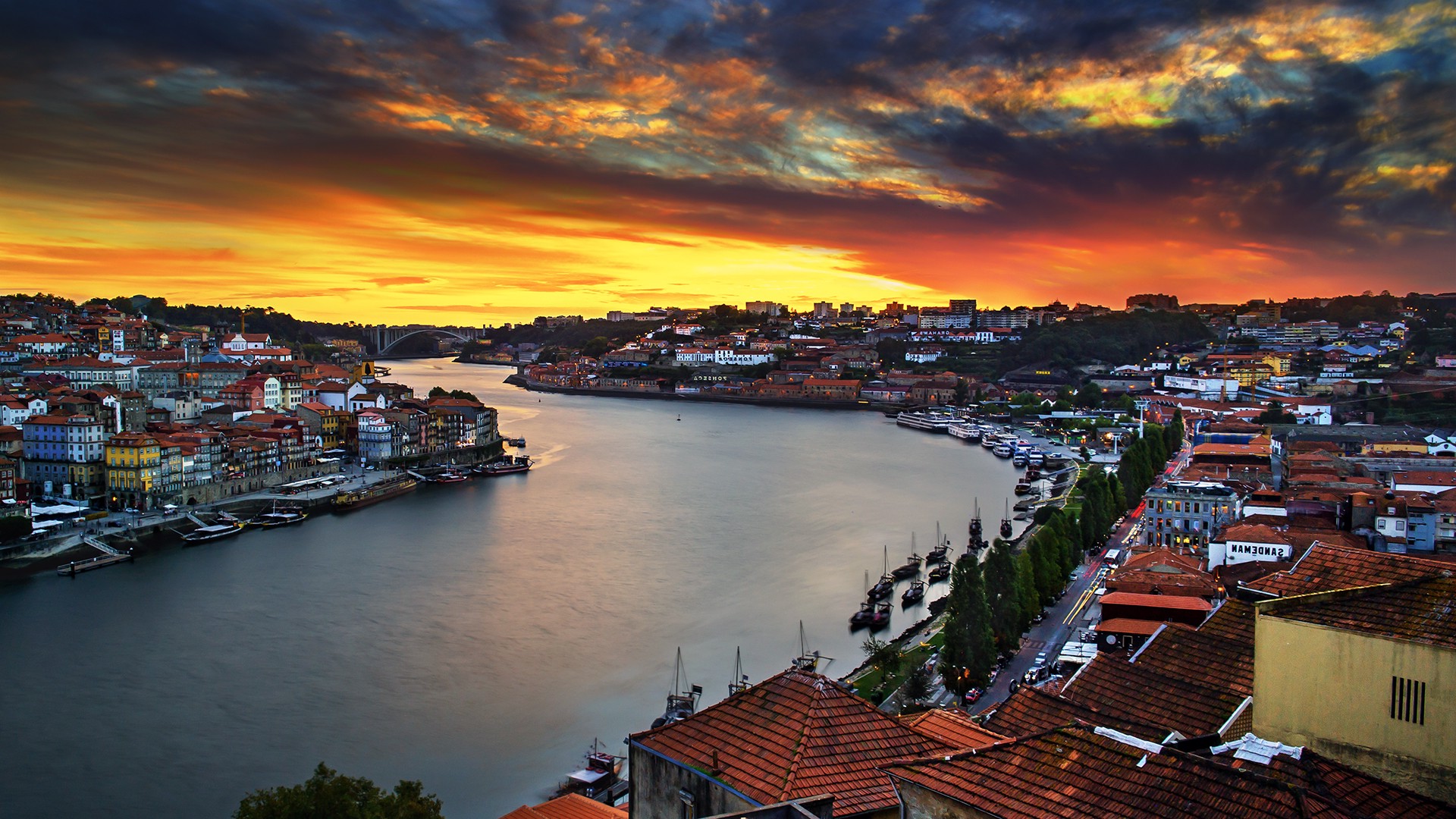 Portugal, Porto, House, River, Sunset, Bridge, Landscape, Boat, Overcast Wallpaper