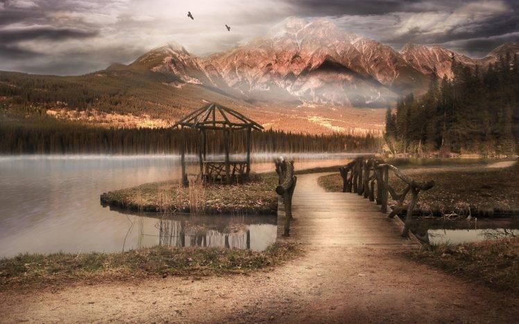 nature, Landscape, Mountain, Water, Lake, Bridge, Wood, Trees, Forest, Mist, Clouds, Birds, Snowy Peak HD Wallpaper Desktop Background