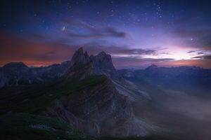 nature, Landscape, Starry Night, Long Exposure, Mountain, Dolomites (mountains), Italy, Evening, Clouds, Summer, Valley