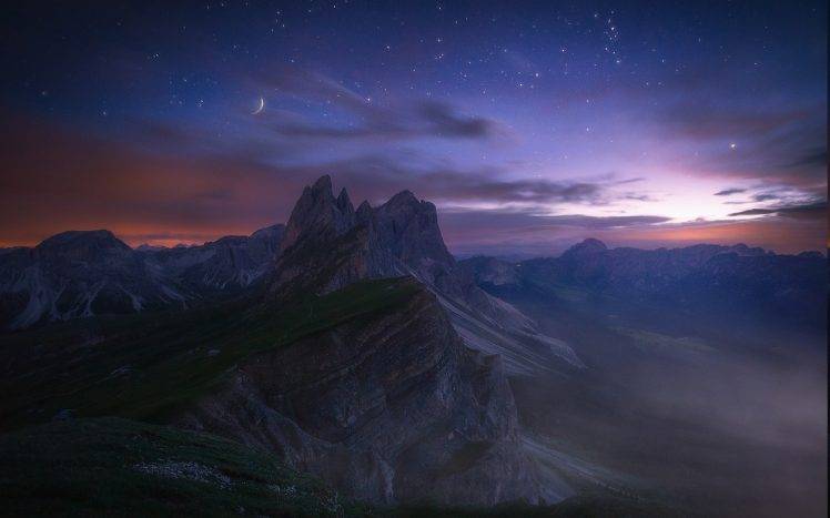 nature, Landscape, Starry Night, Long Exposure, Mountain, Dolomites (mountains), Italy, Evening, Clouds, Summer, Valley HD Wallpaper Desktop Background