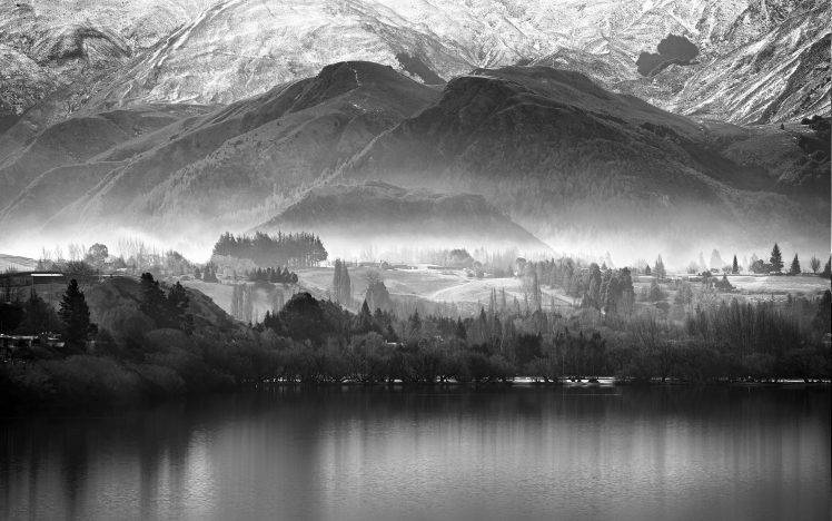 nature, Landscape, Snowy Peak, Monochrome, Forest, Mist, Mountain, Lake, Village, Morning, Water HD Wallpaper Desktop Background