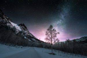 nature, Landscape, Long Exposure, Winter, Road, Norway, Starry Night, Forest, Mountain, Snow