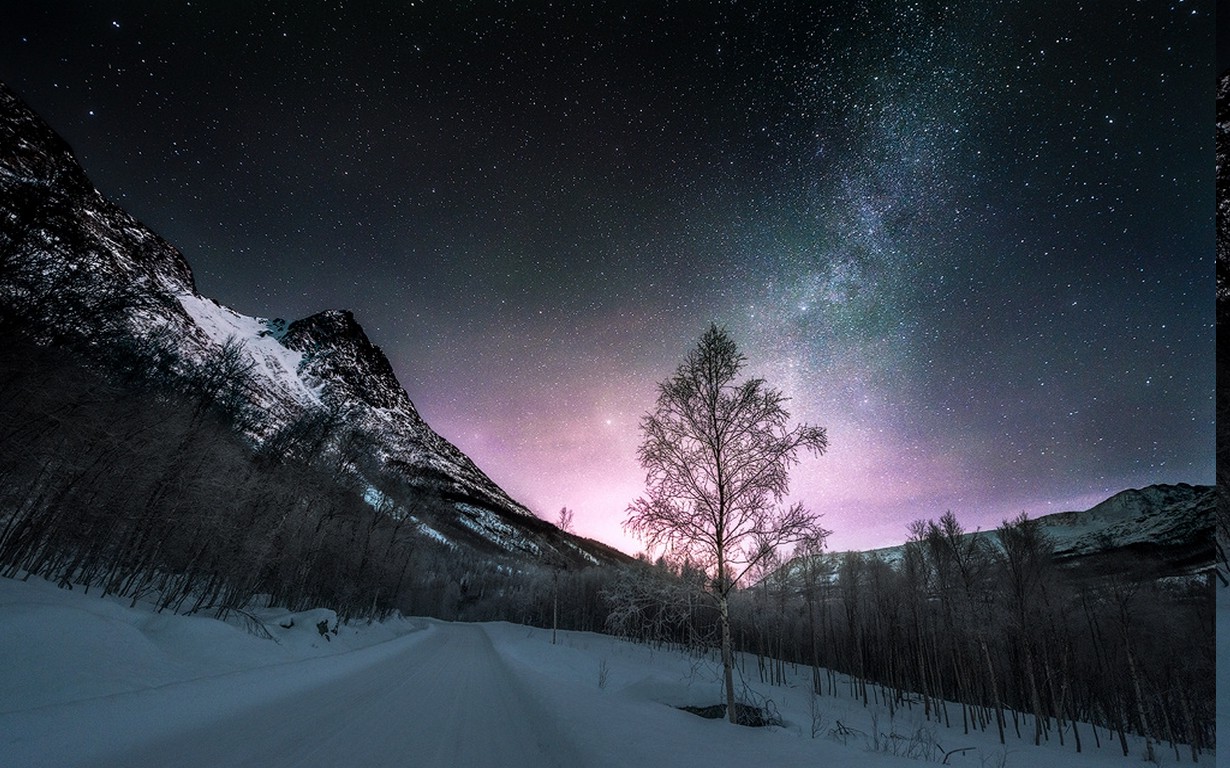 nature, Landscape, Long Exposure, Winter, Road, Norway, Starry Night, Forest, Mountain, Snow Wallpaper