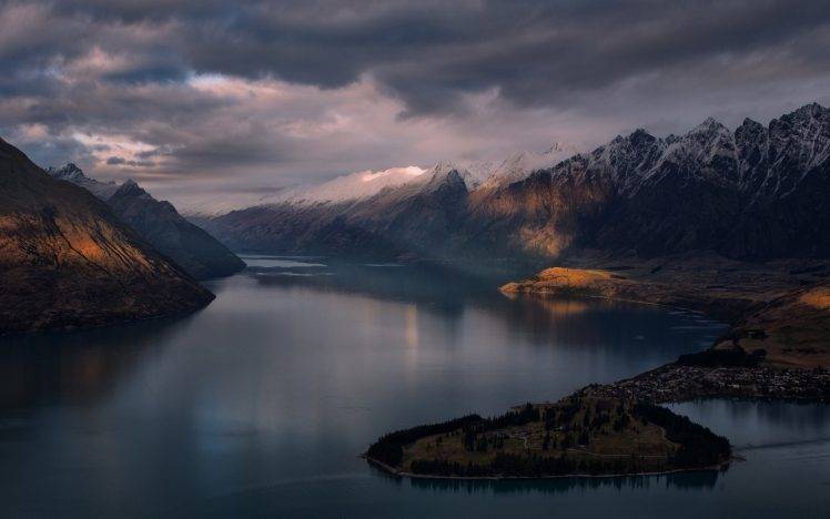 nature, Landscape, Sun Rays, Mountain, Clouds, Lake, Snowy Peak, City, Water, Queenstown, New Zealand HD Wallpaper Desktop Background