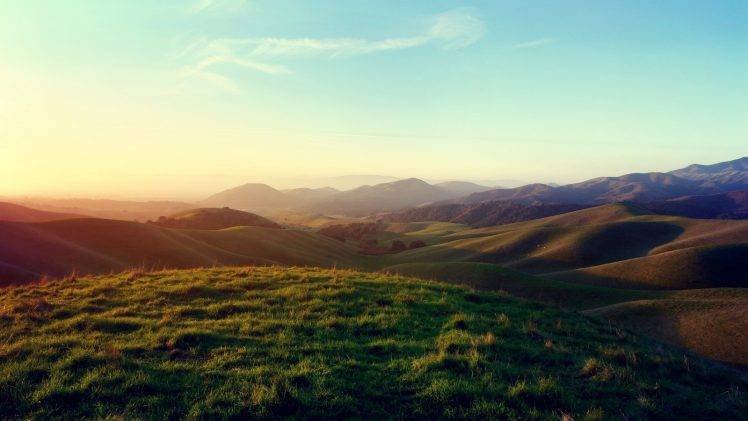 landscape, Grass, Green, Mountain, Plates, Nature, Sunset, Bokeh, Clear Sky HD Wallpaper Desktop Background
