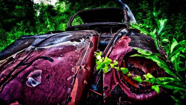 car, Vintage, Rust, Green, Plants, Wreck, Pink HD Wallpaper Desktop Background